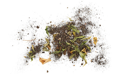Dirt, soil pile with dry autumn leaves isolated on white background, top view	