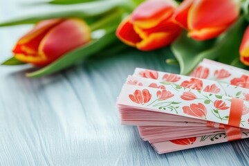 Tickets for a charity concert are elegantly displayed with a floral design, complemented by soft-focus tulips in the background, celebrating Women's Day and feminism
