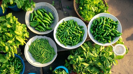 Obraz premium Vibrant Green Vegetables at a Farmers Market Stall
