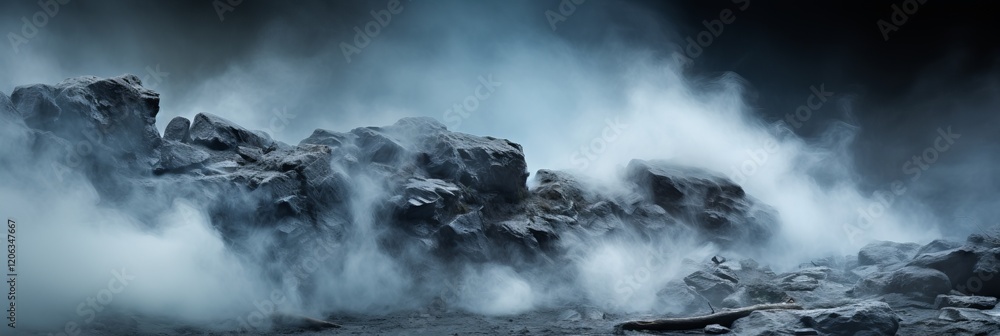 Poster mysterious fog enveloping jagged rocks at twilight near a tranquil lake. generative ai