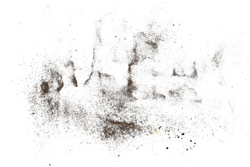 Dirt, soil pile flying isolated on white background