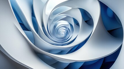 A dynamic 3D spiral design featuring smooth shapes in blue and white tones, showcasing modern abstract art with layered details.