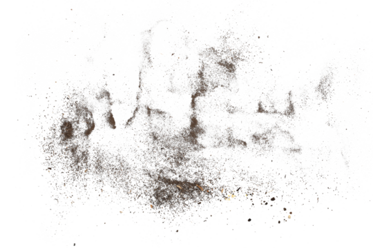 Dirt, soil pile flying isolated on white background