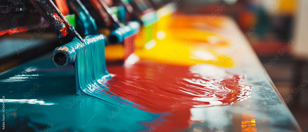Poster exploring the vibrant texture and application of printing inks in a creative workspace