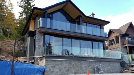 Modern Glass House Under Construction Near Trees