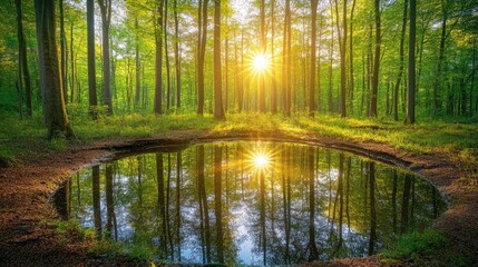 Sunlit Forest Pond Reflecting Trees And Sky