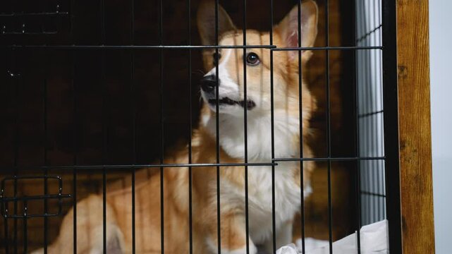 A cheerful dog corgi sits comfortably in a crate at a grooming salon