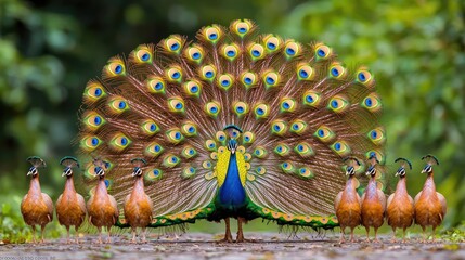 Peacock displaying to hens in forest