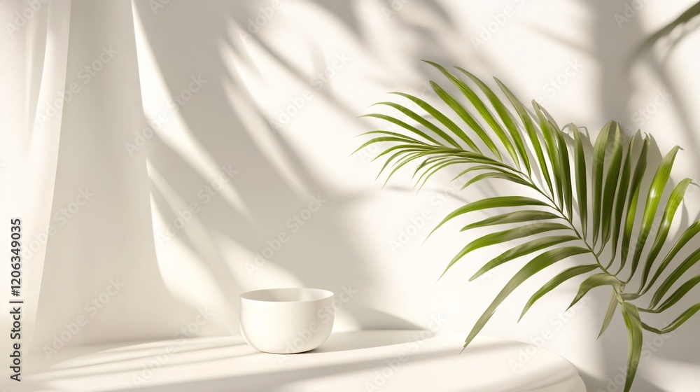 Aufkleber white bowl and palm leaf creating a relaxing atmosphere with sunlight shadows