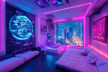 Futuristic Neon Room Cyberpunk Apartment Night Cityscape View Modern Interior Design bed pink blue cool home sofa urban style scene space decor robot lights    