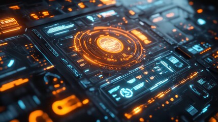 Fototapeta premium Futuristic digital interface with glowing orange and blue elements.