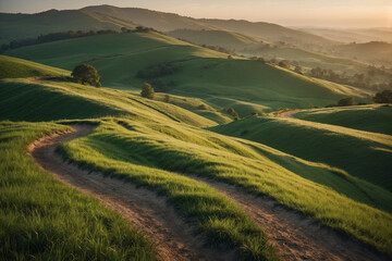 Obraz premium Gentle green hills, winding road, sunrise glow, soft mist, dewy grass shining gold, tranquil morning light