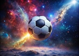 Naklejka premium Soccer Ball in Space: Cosmic Football Flight - Professional Stock Photo