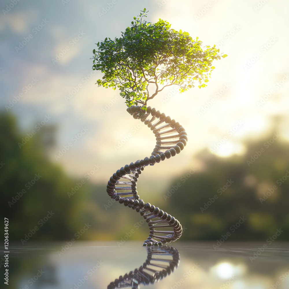 Poster Tree rises from swirling DNA structure under warm sunlight reflecting on a serene background