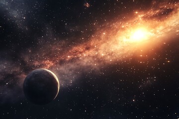 Obraz premium A cosmic scene featuring a planet and a distant galaxy.