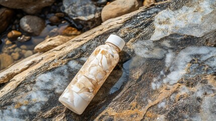 Marbled bottle rests on a wet rocky surface near water