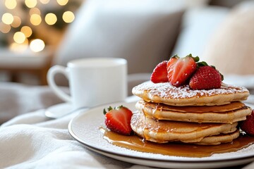 A stack of fluffy pancakes adorned with fresh strawberries and a drizzle of syrup, perfect for a cozy breakfast setting with a warm cup of coffee beside them.