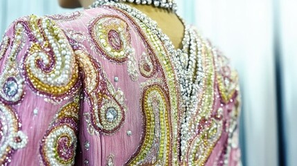 A striking pink dress features intricate beadwork and embellishments at a fashion event. The gown's design highlights craftsmanship and elegance in a bright setting