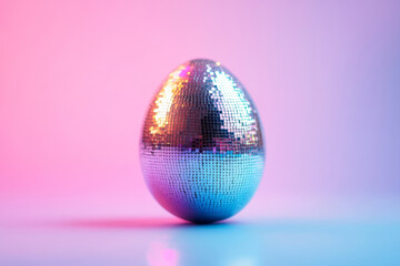 Shiny egg with a reflective disco ball design on pastel background