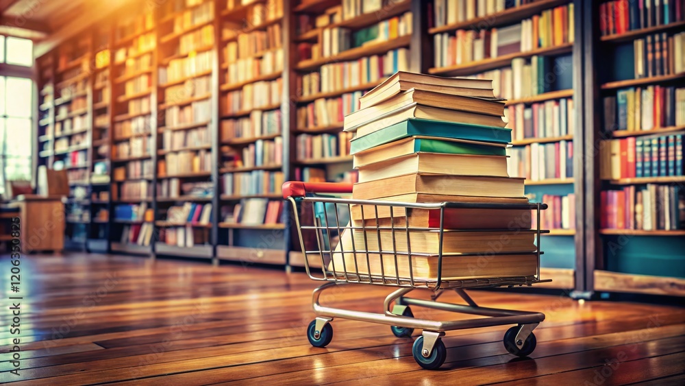 Poster stack of books on a trolley in a bookstore - copy space for text