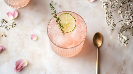 Refreshing pink drink garnished with lime and thyme. Perfect for a summer day or a relaxing evening.