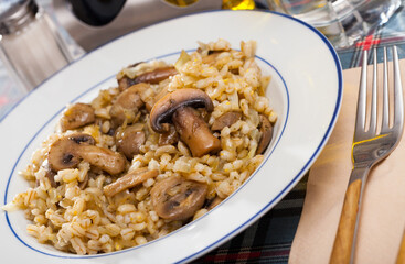 Appetizing barley porridge with mushrooms. High quality photo