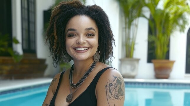 A joyful woman with curly hair sits poolside, showcasing her tattoos and wearing earrings. She radiates happiness against a backdrop of lush greenery and water