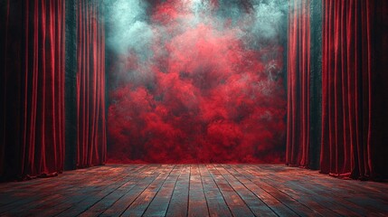 Theatrical Stage with Red Curtains and Smoky Effect
