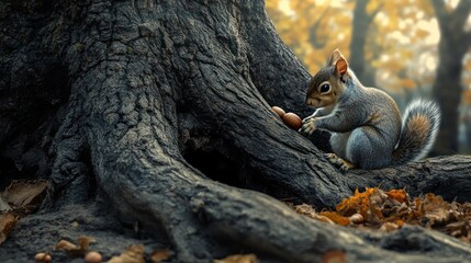 Grey Squirrel Gathering Acorns Near Tree Roots