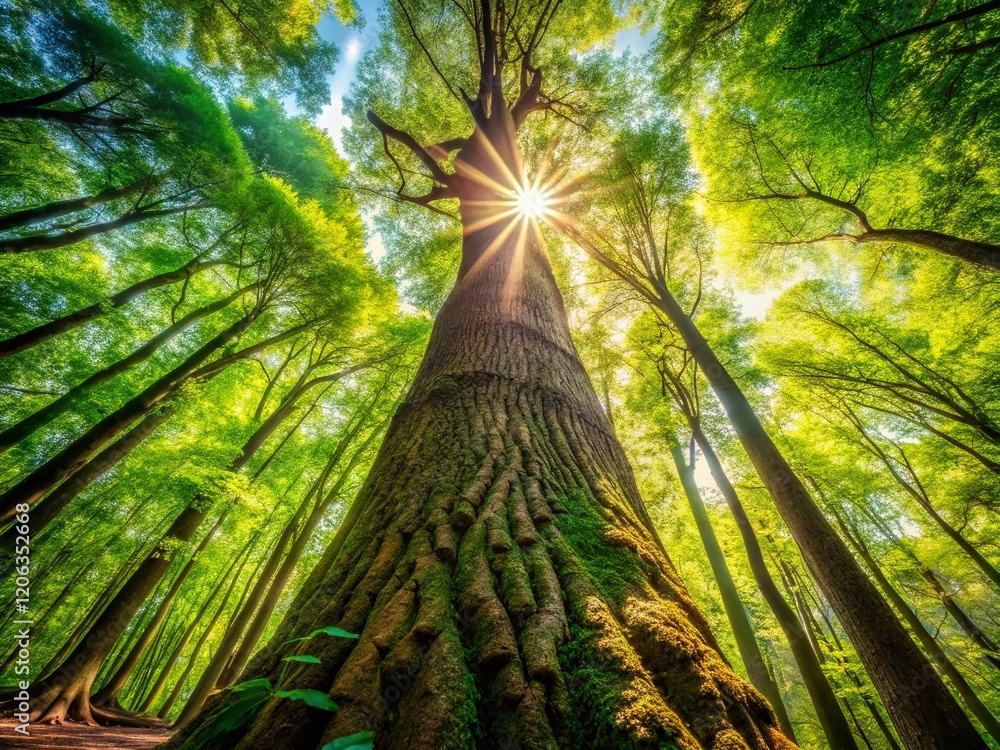Poster sunbeams filtering through lush forest canopy - copy space for text