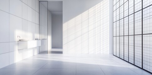 Fototapeta premium modern bathroom with large glass door and floor to ceiling window.