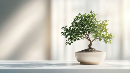 Fototapeta premium A beautiful bonsai tree in a pot on an elegant white table, neutral background,