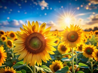 Obraz premium Sunflowers Field Blue Sky Bokeh - Vibrant Summer Landscape Stock Photo