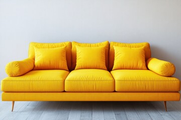 Fototapeta premium A clean and sleek bright yellow modern sofa with a minimalist design, featuring two yellow pillows placed symmetrically in the seating area.