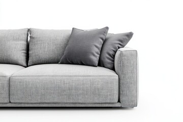 Fototapeta premium A clean and sleek modern gray sofa with a minimalist design, featuring two bright gray pillows placed symmetrically in the seating area.