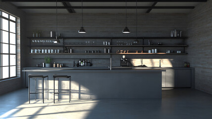 Obraz premium Sleek, industrial-style kitchen with metal shelving and a minimalist design.