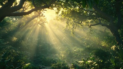 Sunbeams Illuminate Lush Tropical Rainforest Canopy