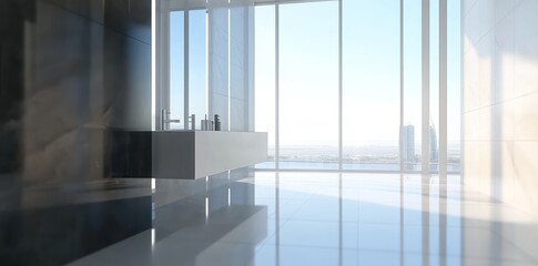 A modern bathroom with large windows, white tiles on the floor and walls, black glass wall, minimalistic design