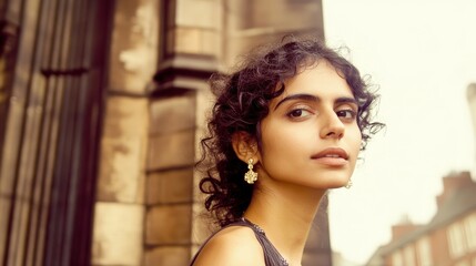 Fototapeta premium A young woman gazes thoughtfully while standing next to an old stone building. Her curly hair and elegant earrings catch the warm evening light, creating a serene atmosphere