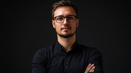 Obraz premium Portrait of confident businessman with folded arms wearing eyeglasses on black background