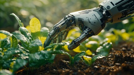 Robotic Hand Tending to Young Plants in a Lush Green Field Future of Agriculture