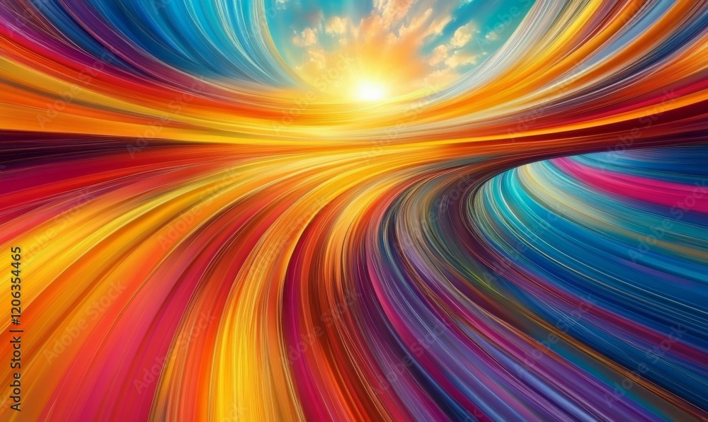 Poster a radiant abstract image presenting sweeping colorful waves converging at a luminous central light s