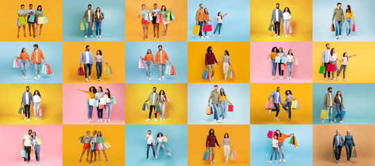 A vibrant collage showcases diverse individuals shopping, carrying colorful bags and enjoying discounts during a festive sale. This collection captures the excitement of consumerism.