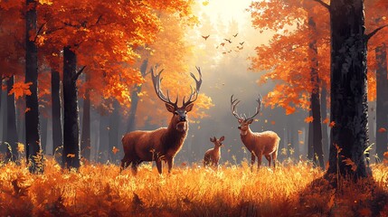 Majestic Deer Family Stands Among Vibrant Autumn Trees With Golden Leaves During Sunset in a Tranquil Forest Setting