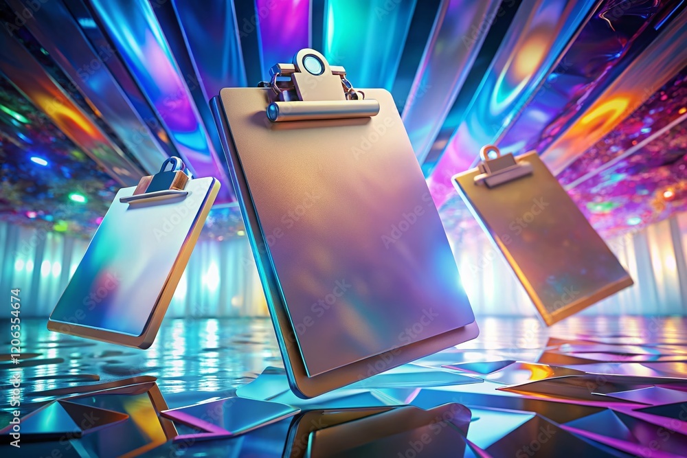 Poster surreal floating clipboards: three sets of empty clipboards on a transparent background