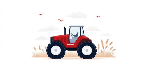 A red tractor is operating in open fields under a bright sky. Birds are seen in the distance, adding life to the serene agricultural landscape