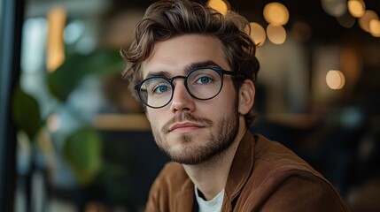 Obraz premium Portrait of confident young man wearing glasses in modern cafe
