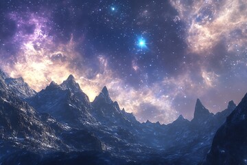 A breathtaking cosmic landscape with mountains and a starry sky.