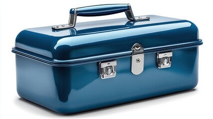 Storage Box Concept. Vintage blue metal toolbox with a handle and shiny silver clasps.