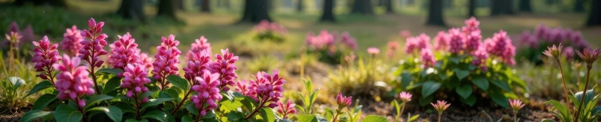 Obraz premium Soft pink heather blooms in clusters on forest floor, pink, blossoms